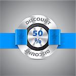 Discount sale metallic badge with blue ribbon