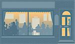 Editable vector illustration of people eating through a restaurant window