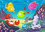 Funny happy animals under the sea. Vector cartoon illustrations