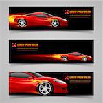 Set of banners with racing car in orange flame