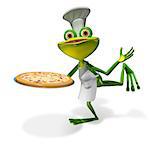 abstract illustration frog chef with a pizza