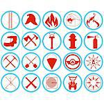 Outlined icons fire tools, supplies and equipment to extinguish the fire. Illustration on white background.