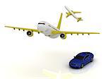 Two passenger airliner and blue car. Top view isolated on white