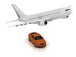 White passenger airliner and orange car. Top view isolated on white