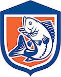 Illustration of a largemouth bass fish jumping viewed from the side set inside a shield crest done in retro style.