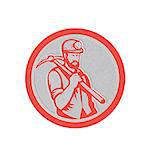 Metallic styled illustration of a coal miner hardhat holding carrying crossed pick axe on shoulder set inside circle done in retro woodcut style on isolated white background.