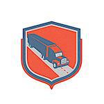 Metallic styled illustration of a container truck and trailer set inside shield crest shape on isolated background done in retro style.