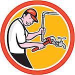 Illustration of a plumber pipe worker holding monkey wrench turning on pipeline flow set inside circle done in cartoon style on isolated background.