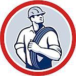 Illustration of a power lineman telephone repairman worker holding wire cable over shoulder done in retro style set inside circle.