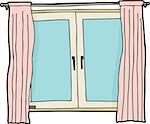 Blank casement window cartoon with pink curtains