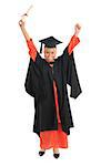 Portrait of full length smiling Asian female Muslim student in graduate gown hands raised showing graduation diploma standing isolated on white background.