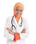 Young Muslim female doctor portrait, crossed arms standing isolated on white background.