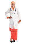 Full body young Muslim female doctor portrait, standing isolated on white background.