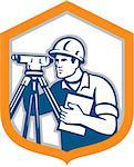 Illustration of a surveyor geodetic engineer with theodolite instrument surveying viewed from side set inside shield crest done in retro style on isolated white background.