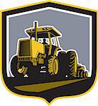 Illustration of a farmer driving riding vintage tractor plowing field front view set inside a shield crest done in retro style.