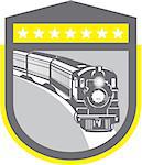 Illustration of a steam train locomotive viewed from front set inside shield crest on isolated background done in retro style.