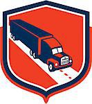 Illustration of a container truck and trailer set inside shield crest shape on isolated background done in retro style.