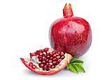 Juicy pomegranate fruit with leaves isolated on a white background