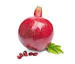 Juicy pomegranate fruit with leaves isolated on a white background