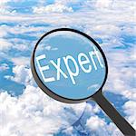 Magnifying glass looking Expert. Clouds on background. Business concept