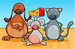 Cartoon Illustration of Cute Dog Cat and Mouse Pets Characters