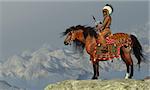 An American Indian sits on his Appaloosa horse on a high cliff in a desert area.