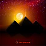 Red and orange night  egypt  desert  landscape background  illustration with moon, pyramids, landmark and stars
