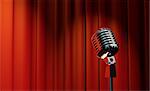 3d retro microphone on red royal curtain background