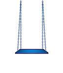 Wooden blue swing hanging on blue chains on white background