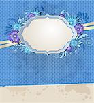 Blue vintage vector ragged paper background with label and flowers