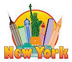 New York City Colorful Skyline with Statue of Liberty in Circle Outline with Text Illustration