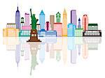 New York City Skyline with Statue of Liberty Color with Reflection Illustration