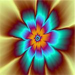 A digital abstract fractal image with a daisy flower design in orange, turquoise, violet and beige.