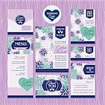 Set of wedding cards. Wedding invitations, Thank you card, Save the date card, Table card, RSVP card and Menu.