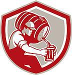 Illustration of a bartender worker carrying barrel pouring into pitcher set inside shield crest on isolated background done in retro style.