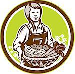 Illustration of female organic farmer with basket of crop produce harvest fruits vegetables facing front set inside circle done in retro woodcut style.