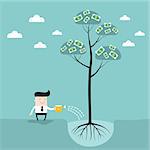 Businessman watering money tree Business success concept Vector illustration