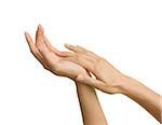 Beauty shot of woman's hands with french manicure, studio shot on white background
