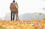 Rear view of couple looking at view in park during autumn