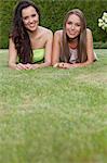 Portrait of attractive young female friends relaxing in park
