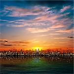 abstract nature background with panorama of city clouds and sunset