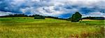 HDR summer landscape with fields, forests, blue sky with clouds