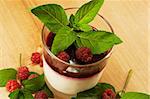 panna cotta dessert with raspberries and mint