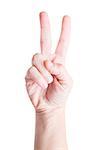 Human hand gesturing for peace/victory symbol, white background.