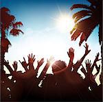 Silhouette of a party crowd on a tropical background