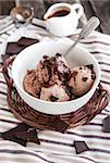 Homemade chocolate ice cream decorated with chocolate sauce