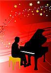 Piano Musician on Abstract Red Background Original Illustration