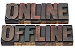 online and offline - internet concept - isolated words in vintage letterpress wood type with ink patina