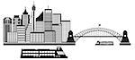 Sydney Australia Skyline Landmarks Harbour Bridge Black Isolated on White Background Illustration