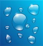 Illustration transparent water drops on blue background - vector